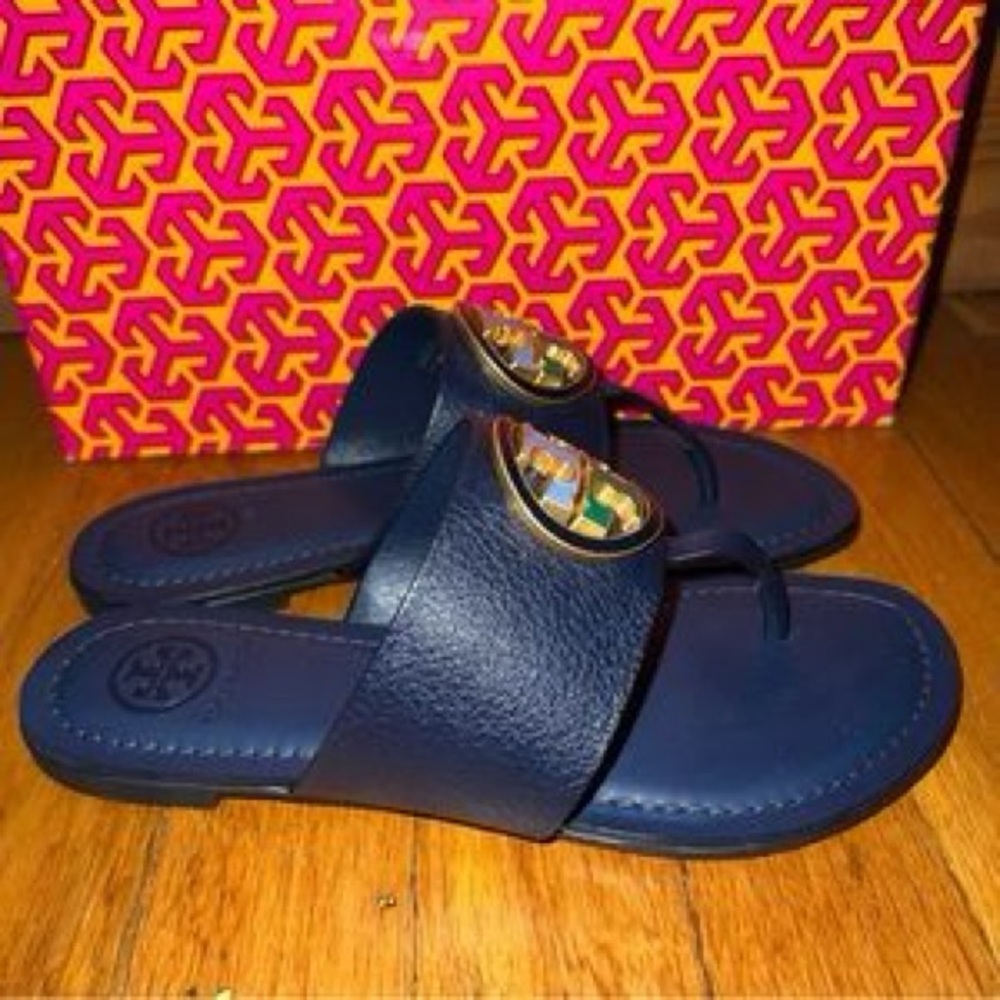 Tory Burch Benton Band Thong Sandals Slides with Green and Blue Logo - Picture 2 of 8